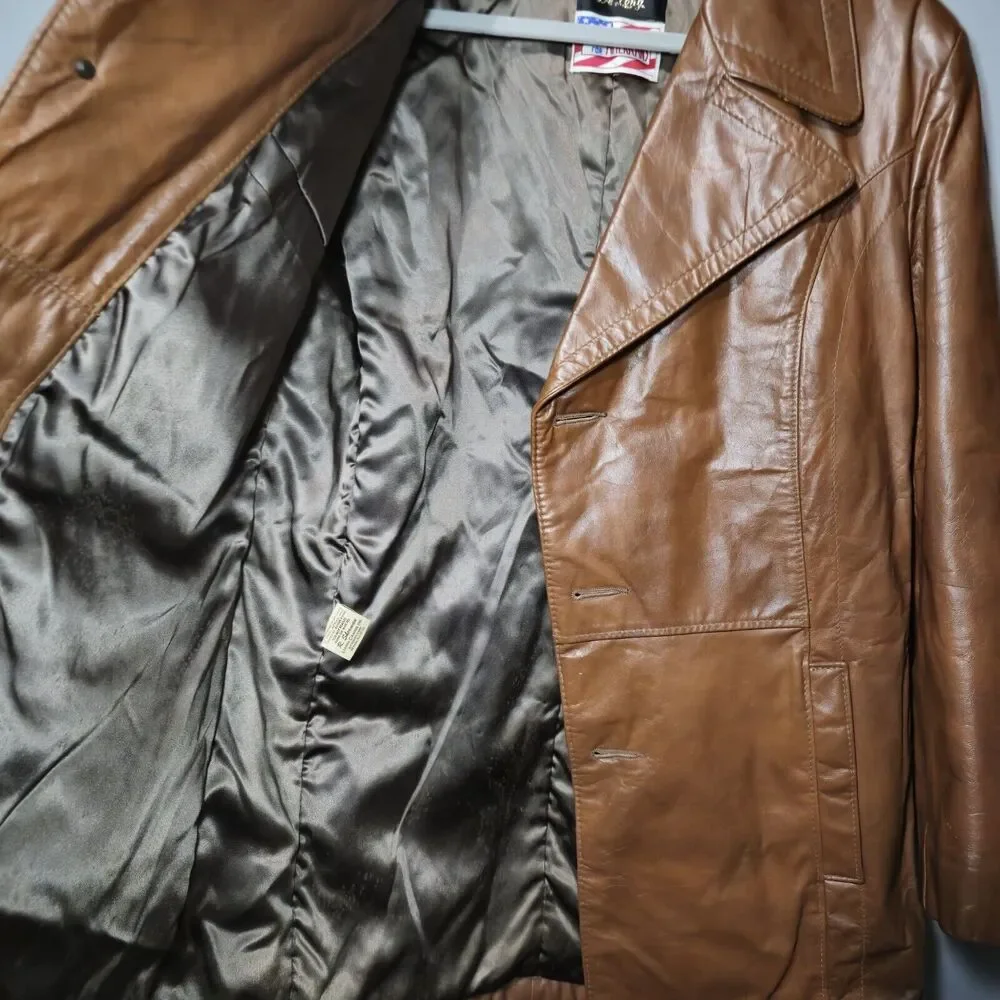 Delong Glove Cowhide Leather Coat Jacket USA‎ Retro 70’s Belted. Size 40 Vintage